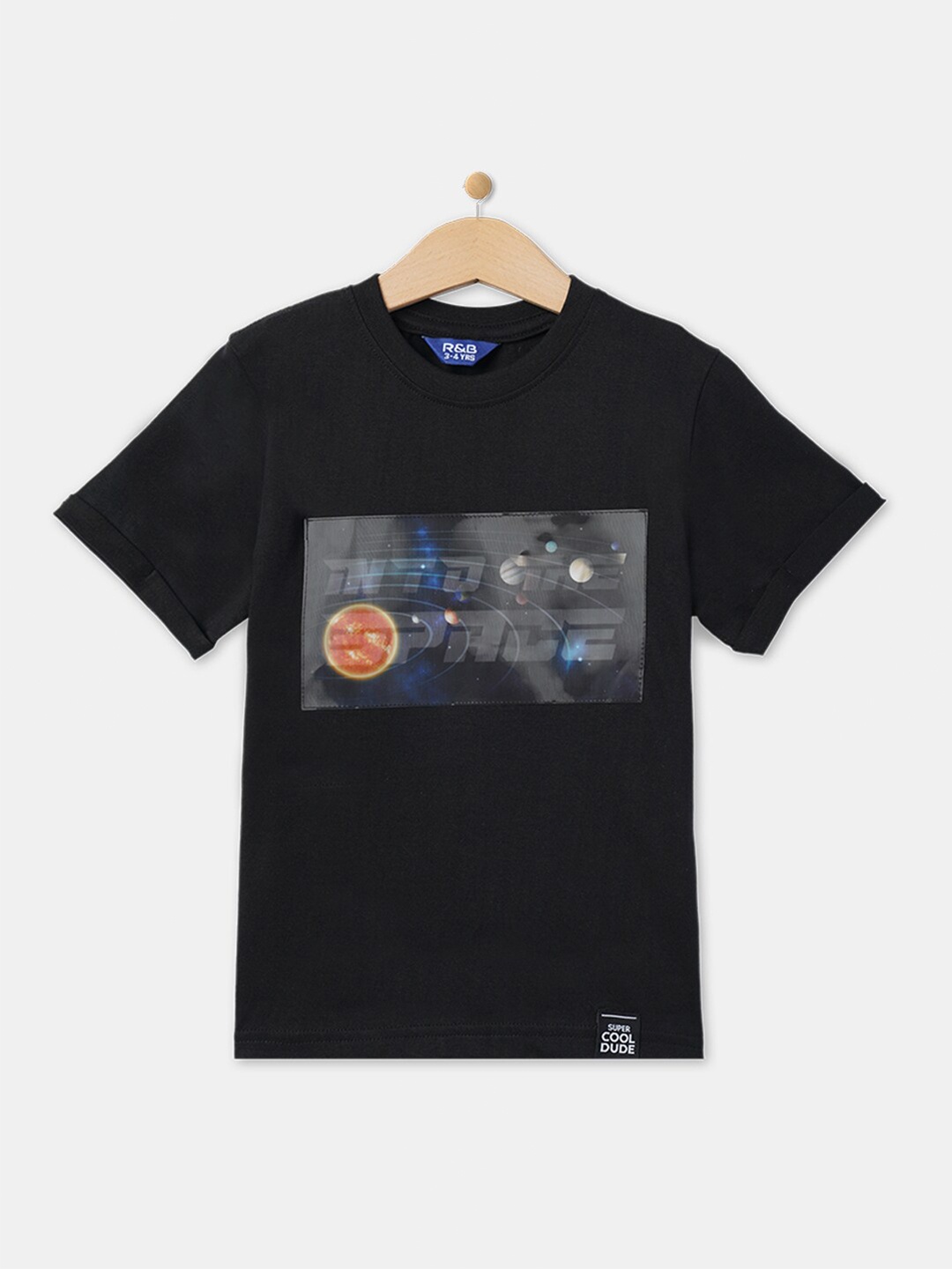 

R&B Boys Black Printed Applique Round Neck Cotton T-shirt