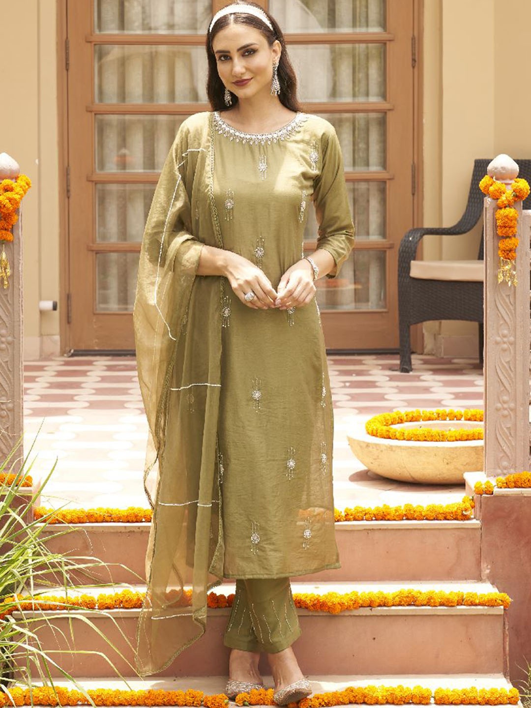 

AUTUMN LANE Women Olive Green Floral Embroidered Kurta with Trousers & Dupatta