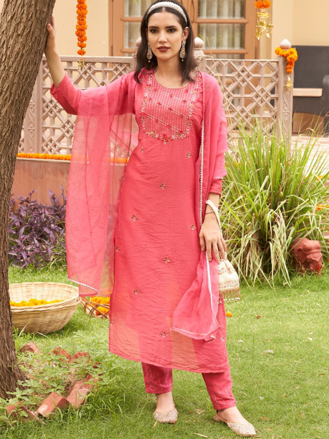 

AUTUMN LANE Women Pink Embroidered Kurta with Trousers & Dupatta