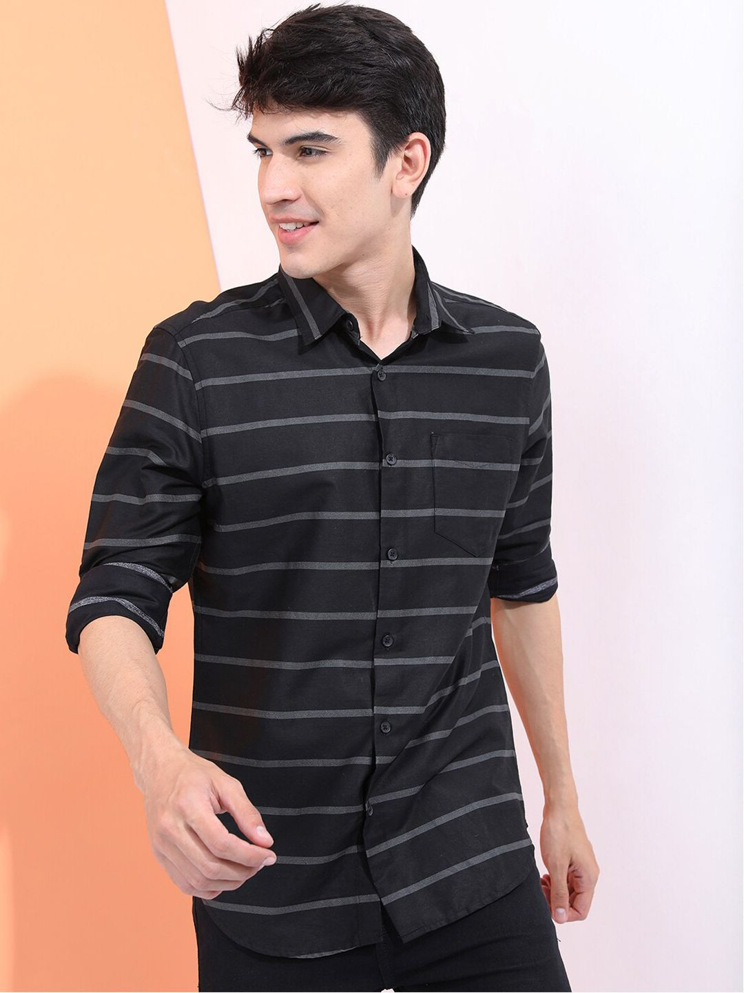 

HIGHLANDER Men Black Slim Fit Striped Cotton Casual Shirt