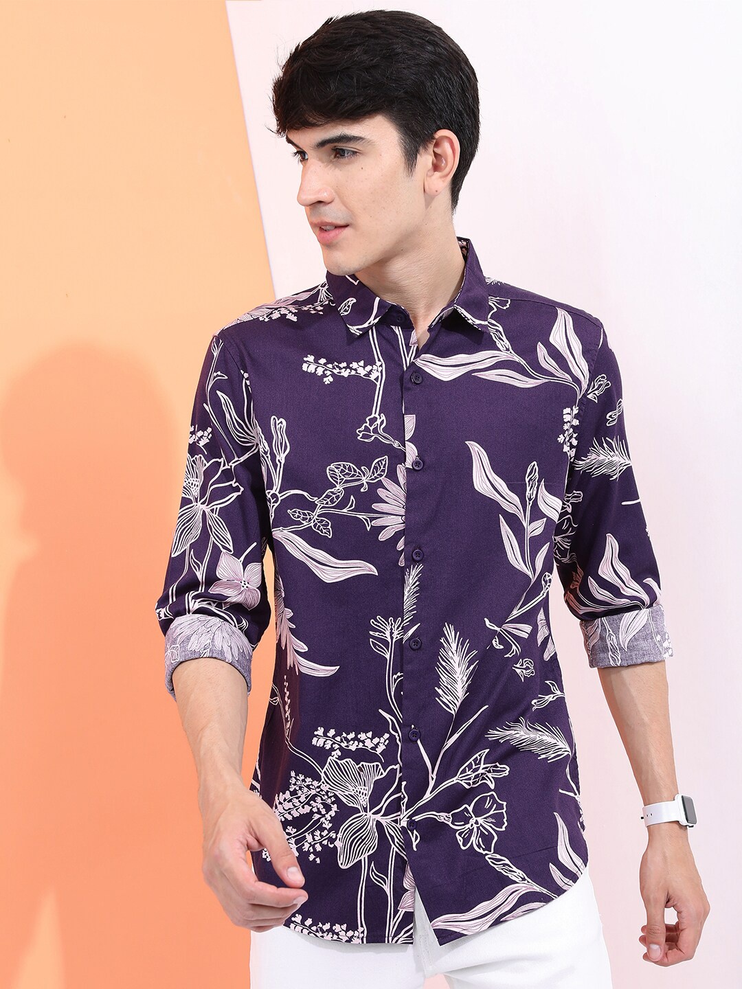 

HIGHLANDER Men Purple & White Slim Fit Floral Printed Cotton Casual Shirt