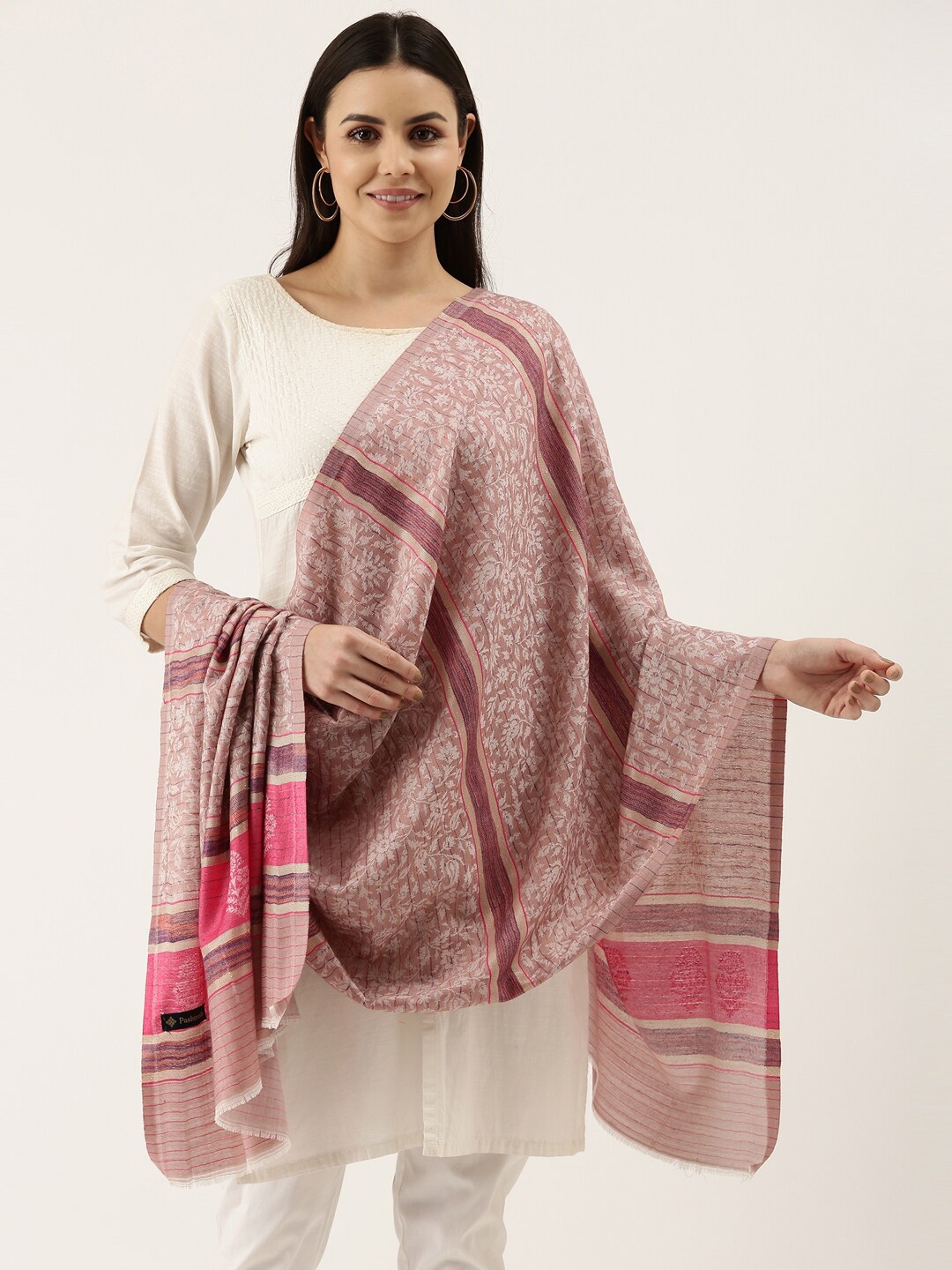 

Pashmoda Women Pink & Grey Woven Design Stole