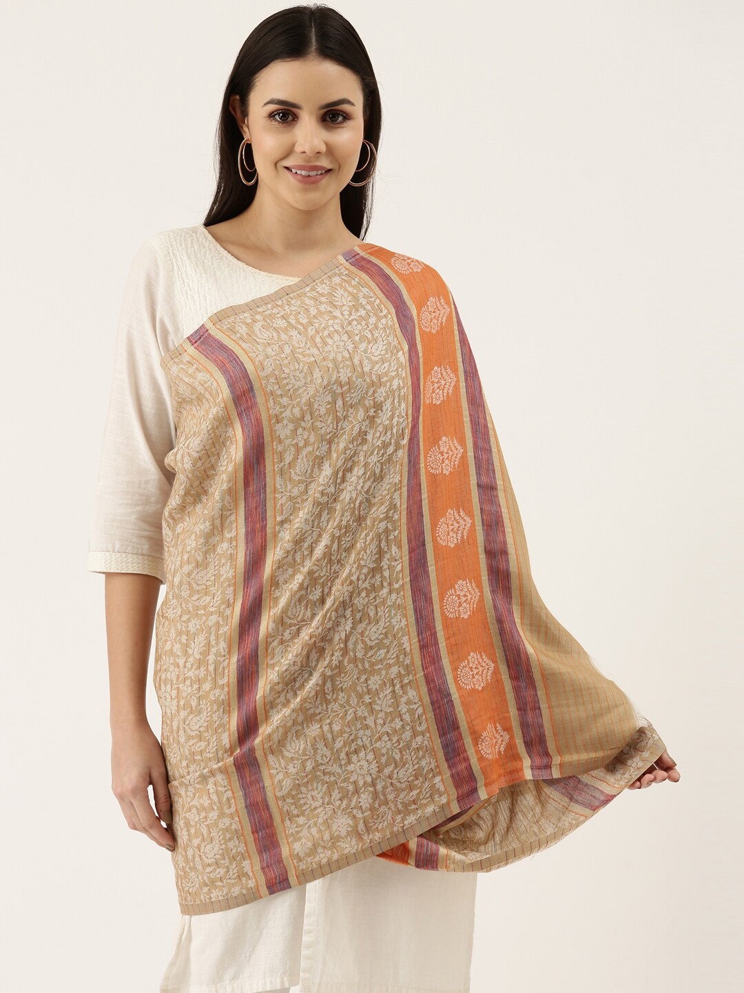 

Pashmoda Women Beige & Orange Woven Design Stole