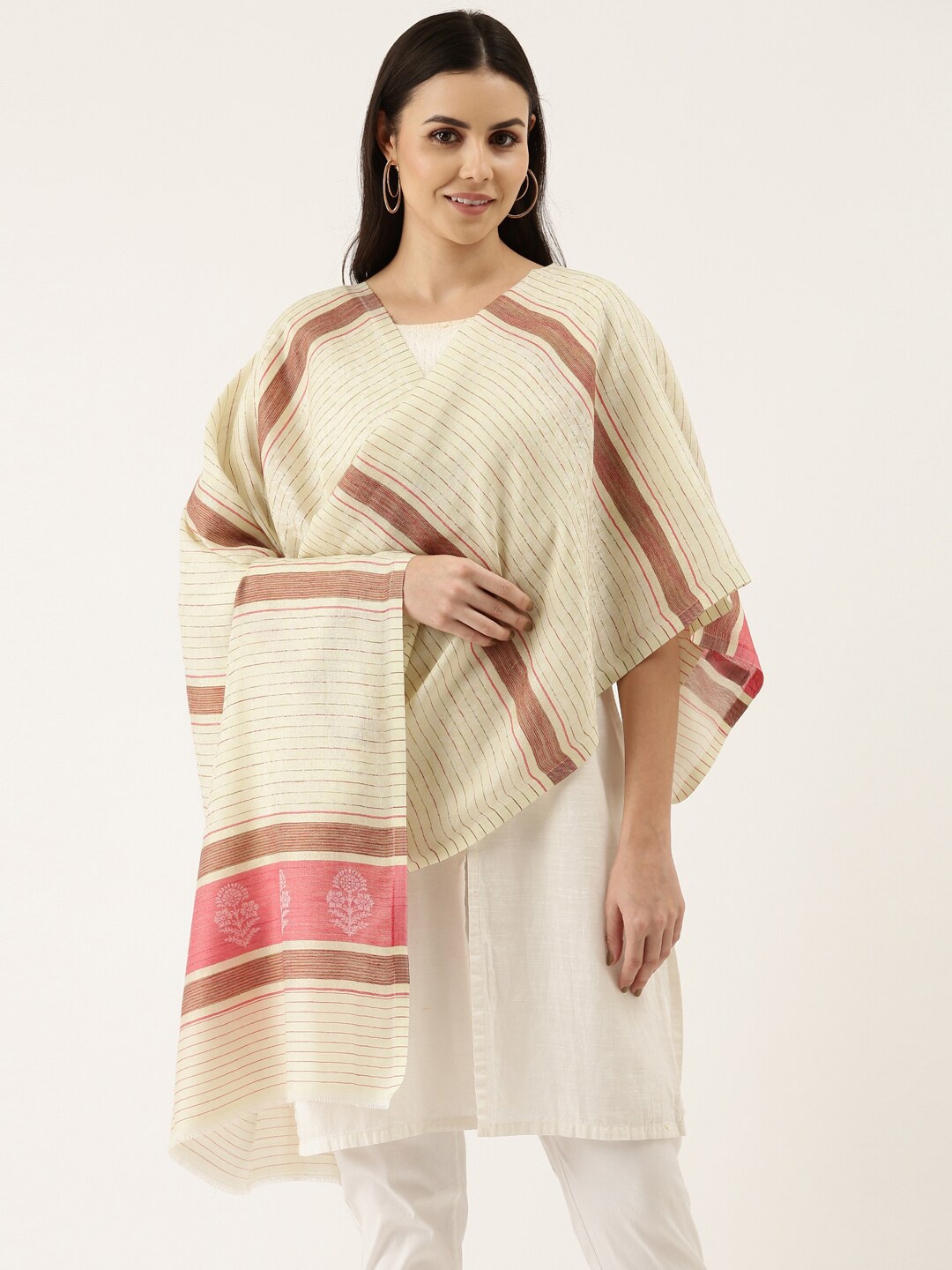 

Pashmoda Women White & Pink Woven Design Stole