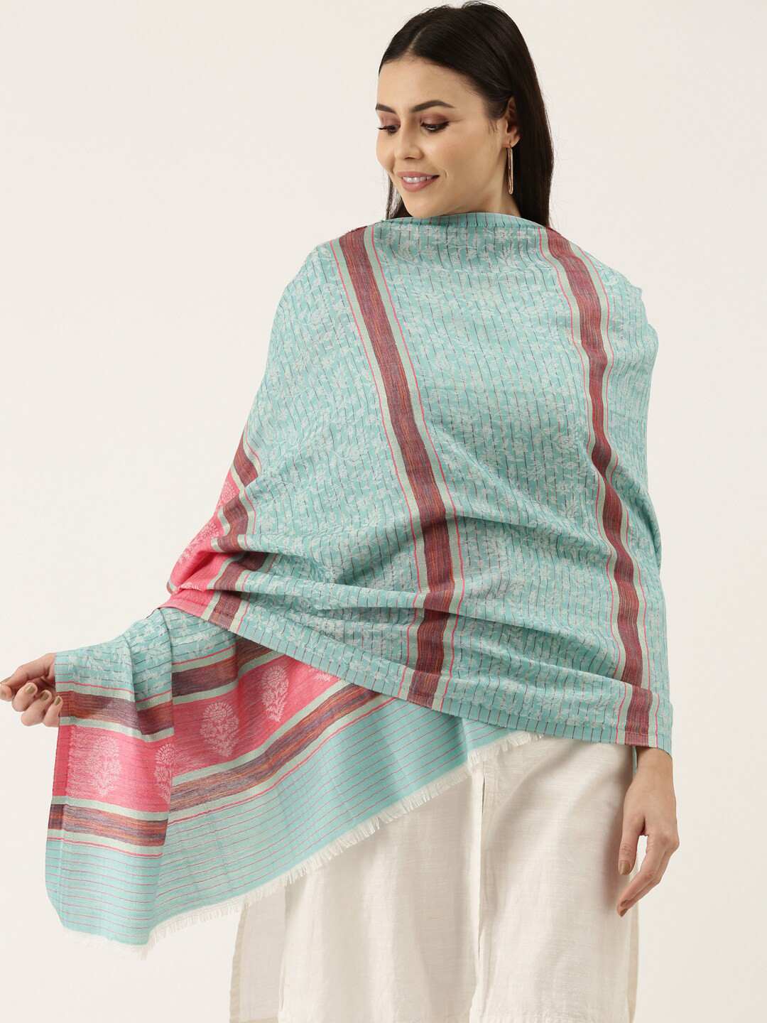 

Pashmoda Women Teal & Pink Woven Design Stole
