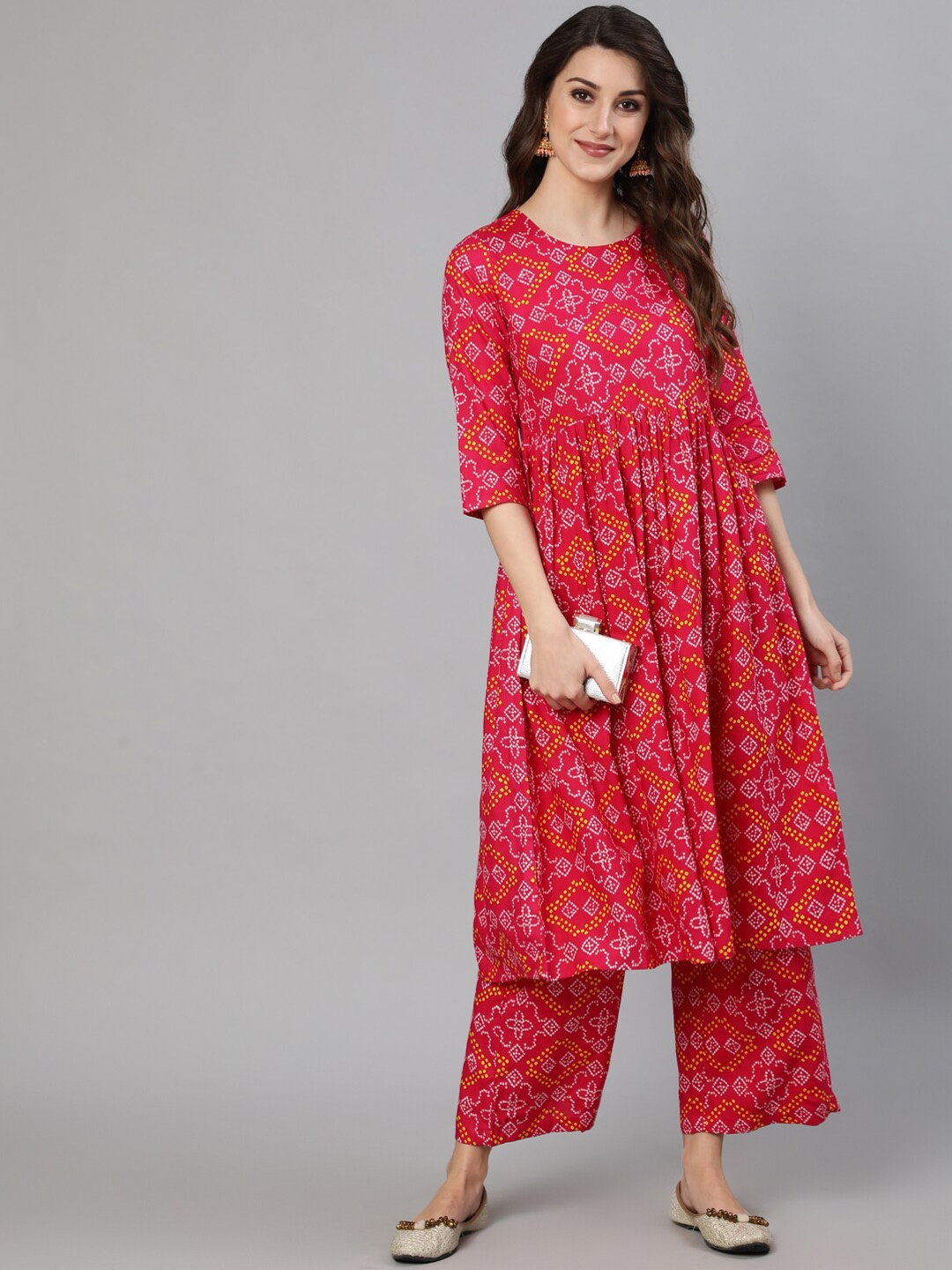 antaran Women Red Bandhani Printed Pure Cotton Kurta with Trousers