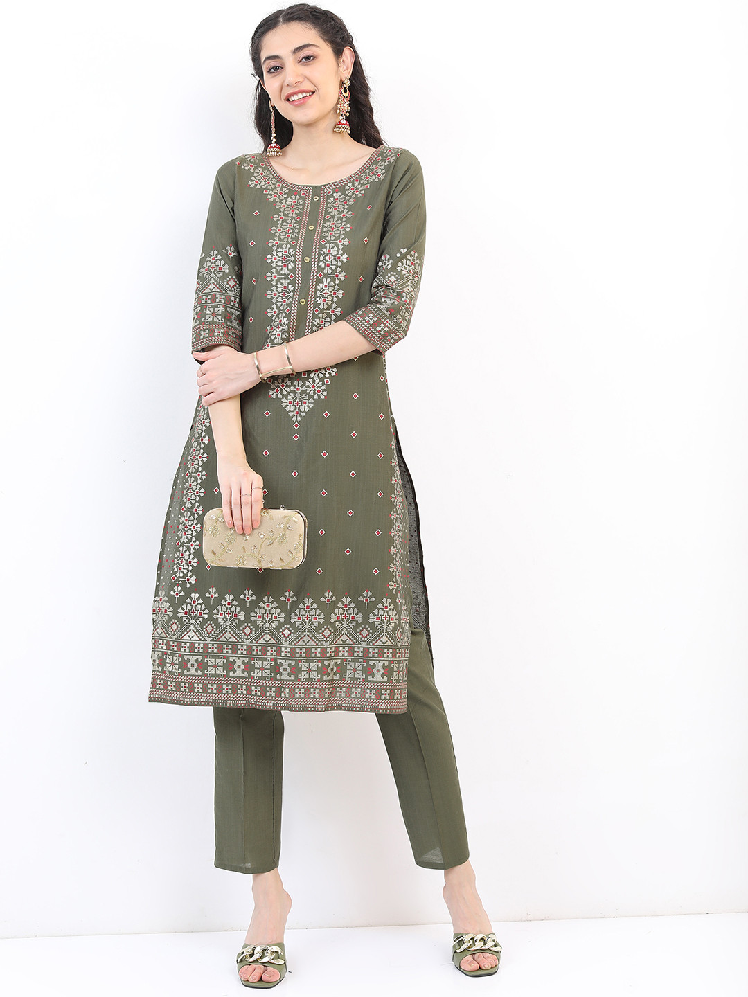 

Vishudh Women Olive Green Ethnic Motifs Printed Kurta with Trouser