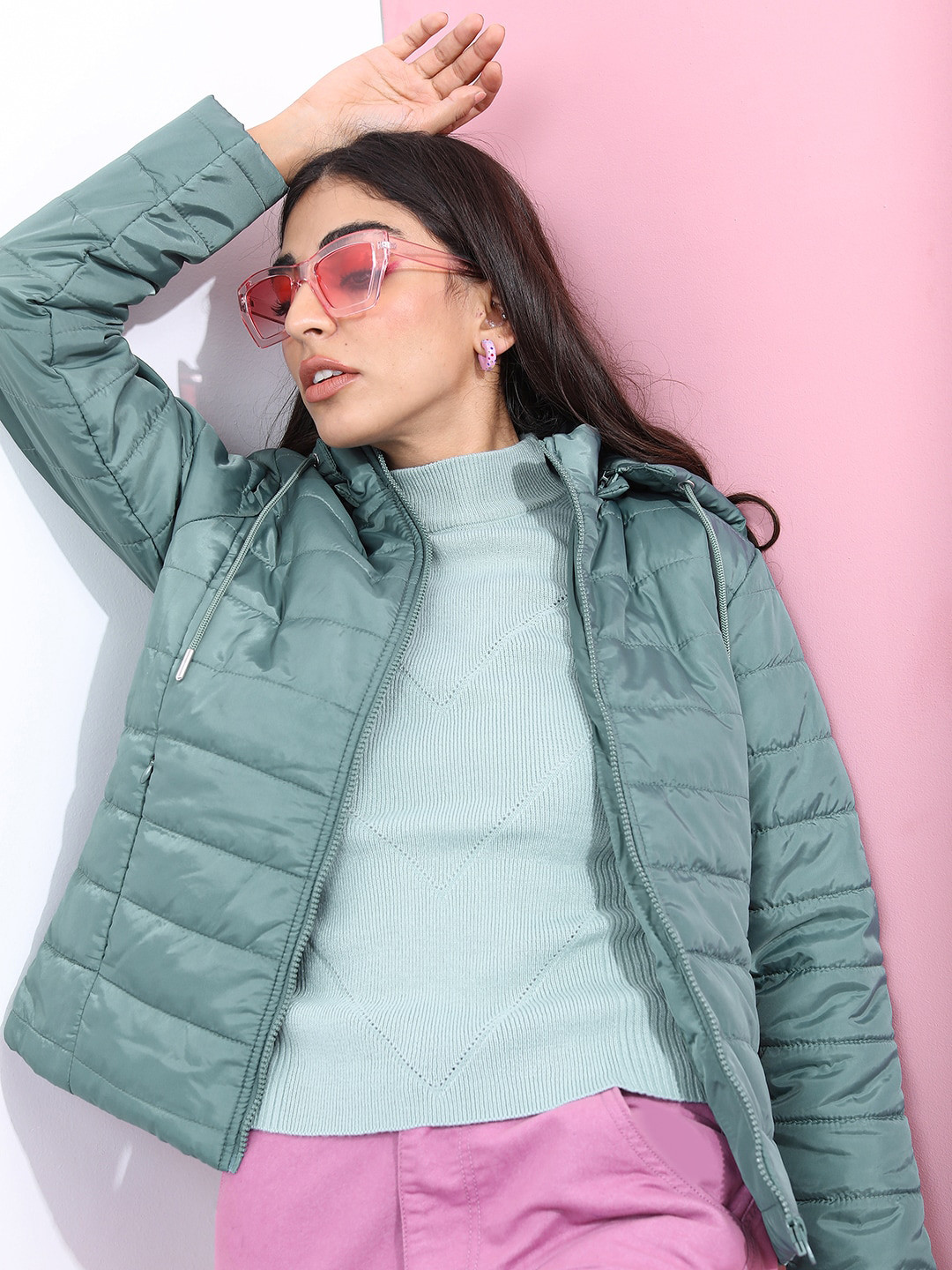 

Tokyo Talkies Women Green Hooded Puffer Jacket