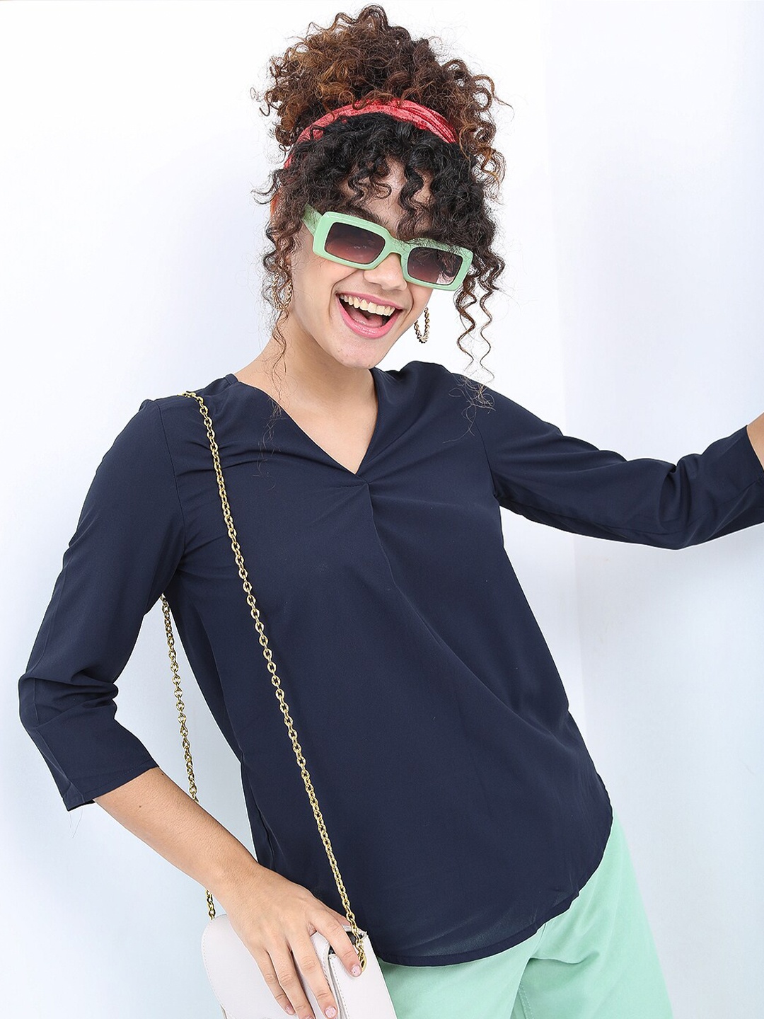 

Tokyo Talkies Women Navy Blue Shirt Style Top