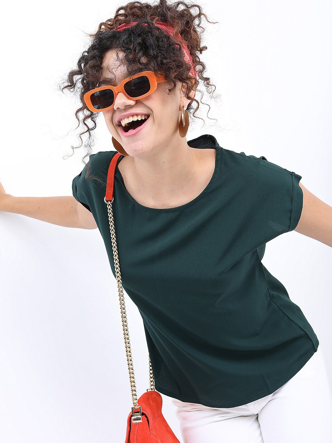 

Tokyo Talkies Woman Dark Green Solid Top