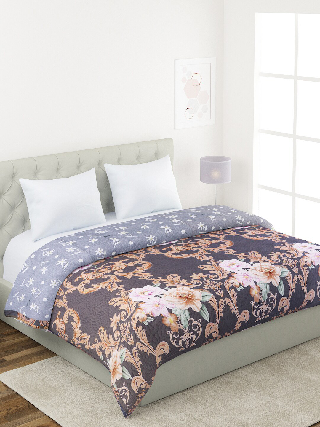 

A Homes Grace Grey & Beige Floral Microfiber AC Room 120 GSM Double Bed Comforter