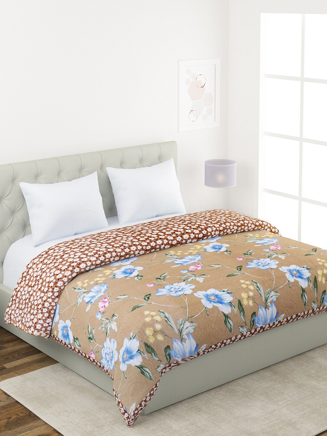 

A Homes Grace Tan & Blue Floral Microfiber AC Room 120 GSM Double Bed Comforter