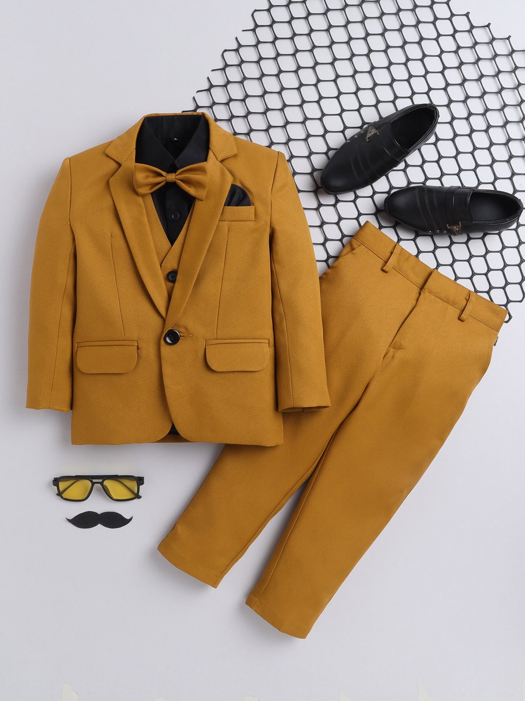 Jeetethnics Boys Mustard Yellow Solid Single-Breasted 4-Piece Suit