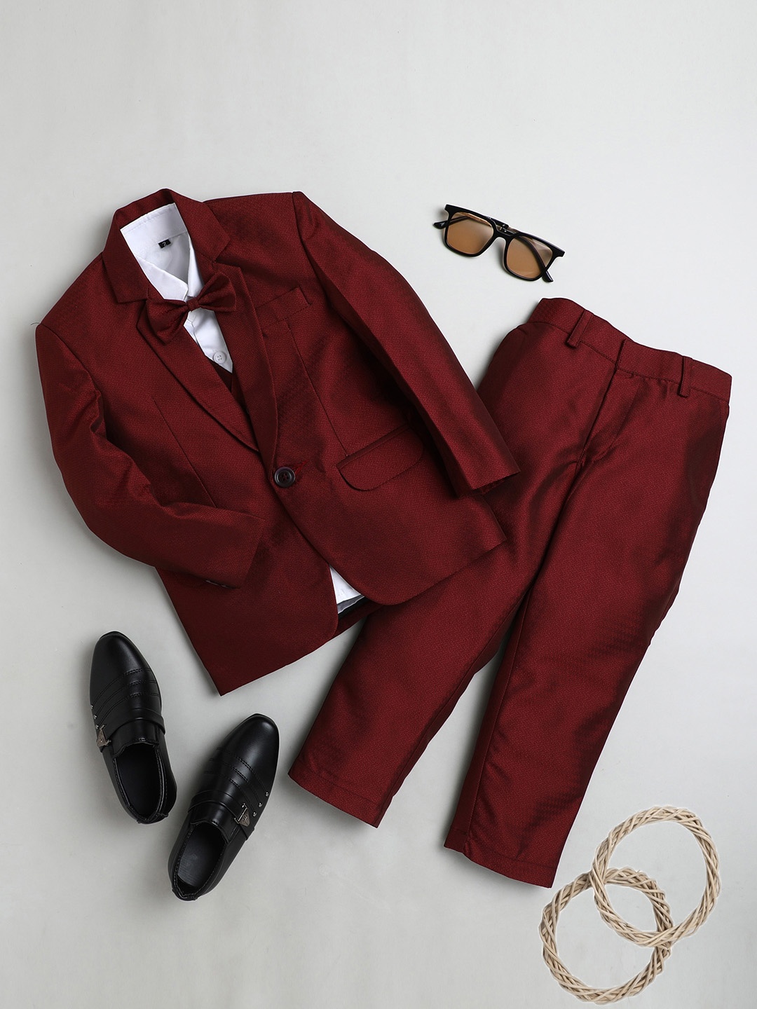 

Jeetethnics Infant Boys Marron Solid 4-Piece Single-Breasted Partywear Suit, Maroon