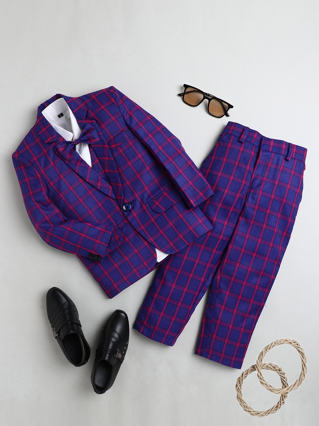 

Jeetethnics Infant Boys Navy Blue Checked Single Breasted 5-Piece Suits