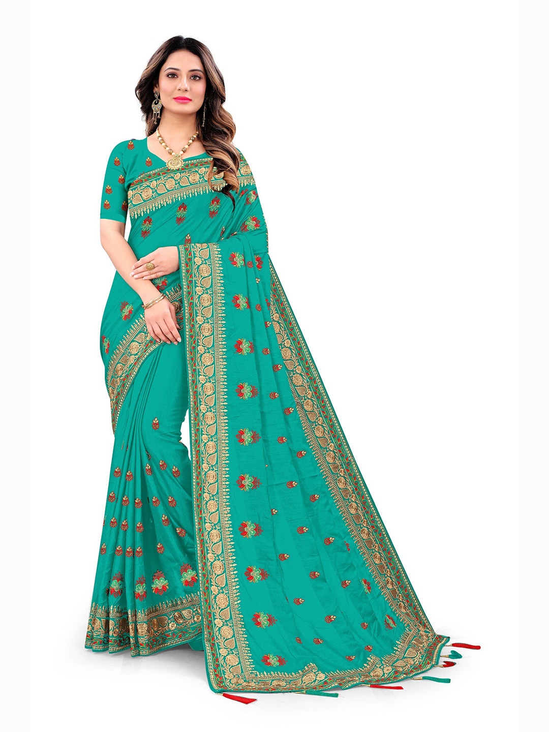 

KALINI Green & Red Floral Silk Blend Saree