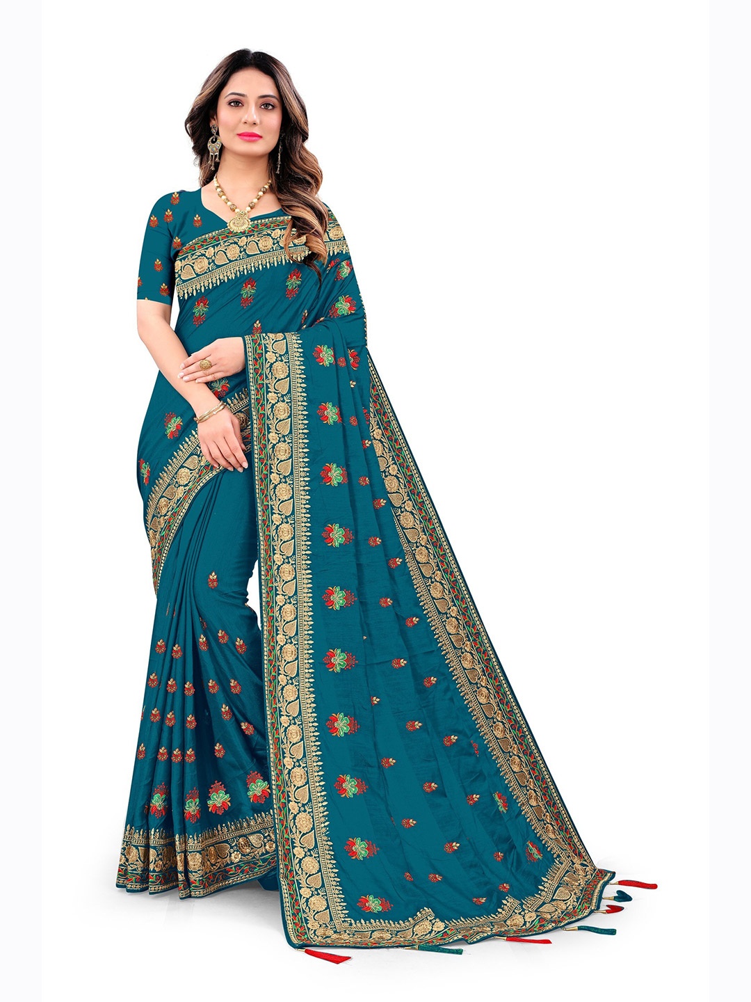 

KALINI Blue & Red Floral Silk Blend Saree