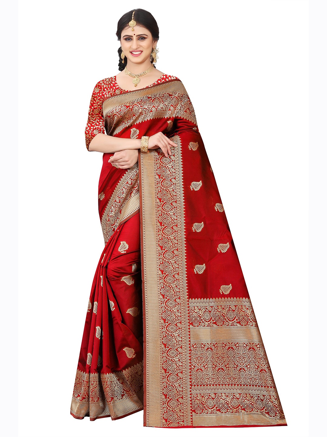 

KALINI Red & Gold-Toned Ethnic Motifs Zari Pure Silk Saree