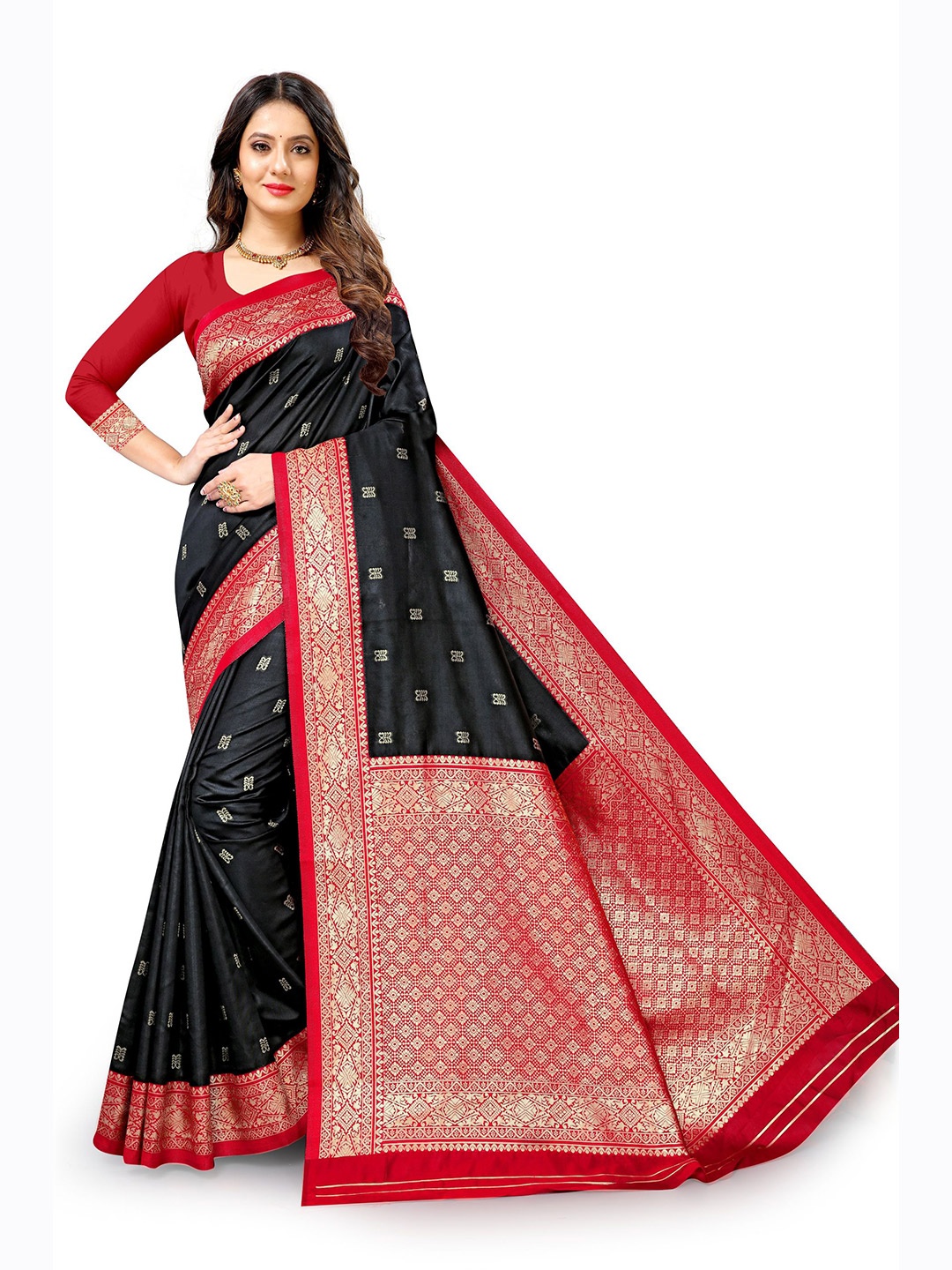 

KALINI Black & Red Woven Design Zari Silk Cotton Saree