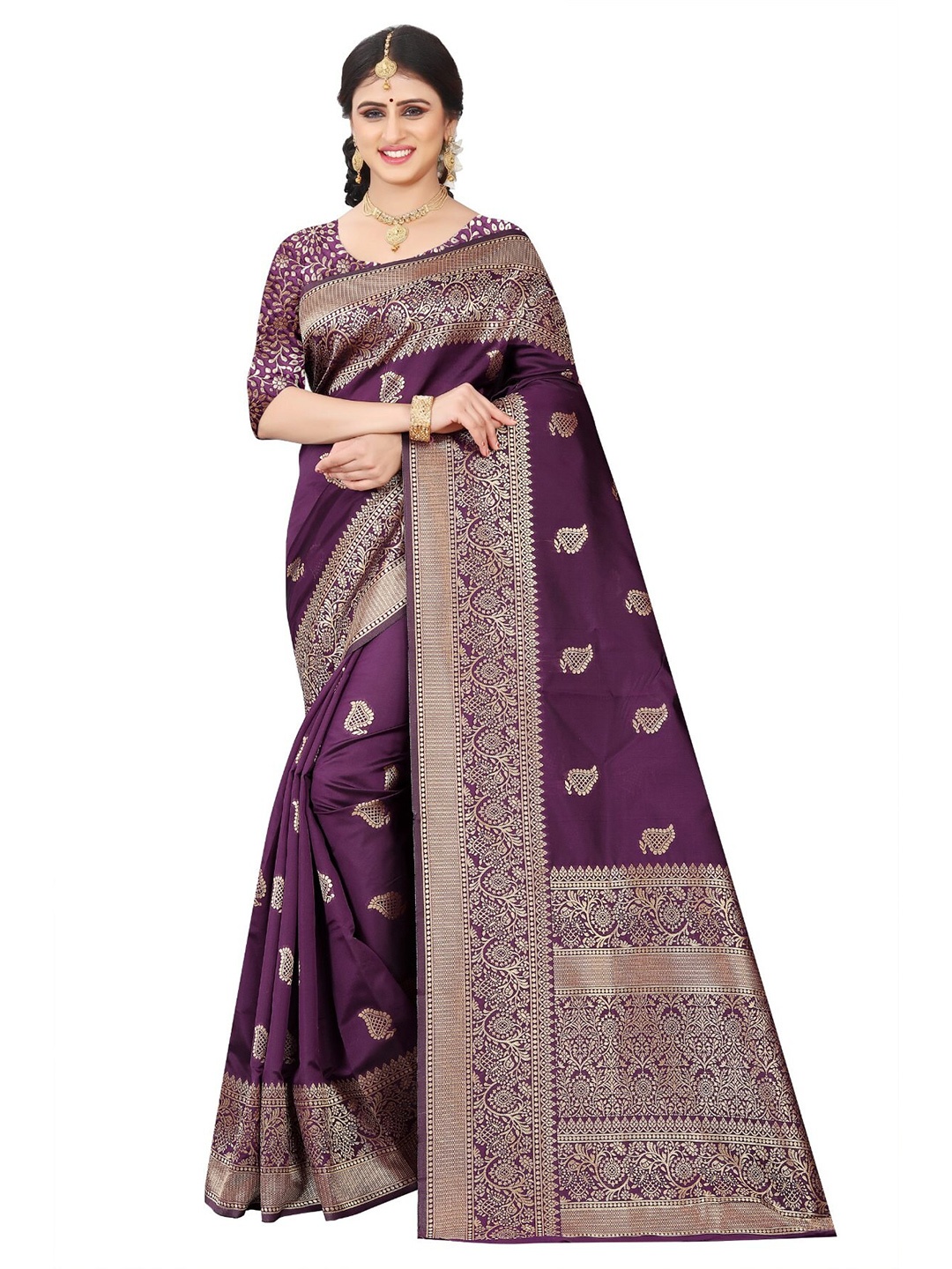 

KALINI Purple & Gold-Toned Woven Design Zari Pure Silk Saree