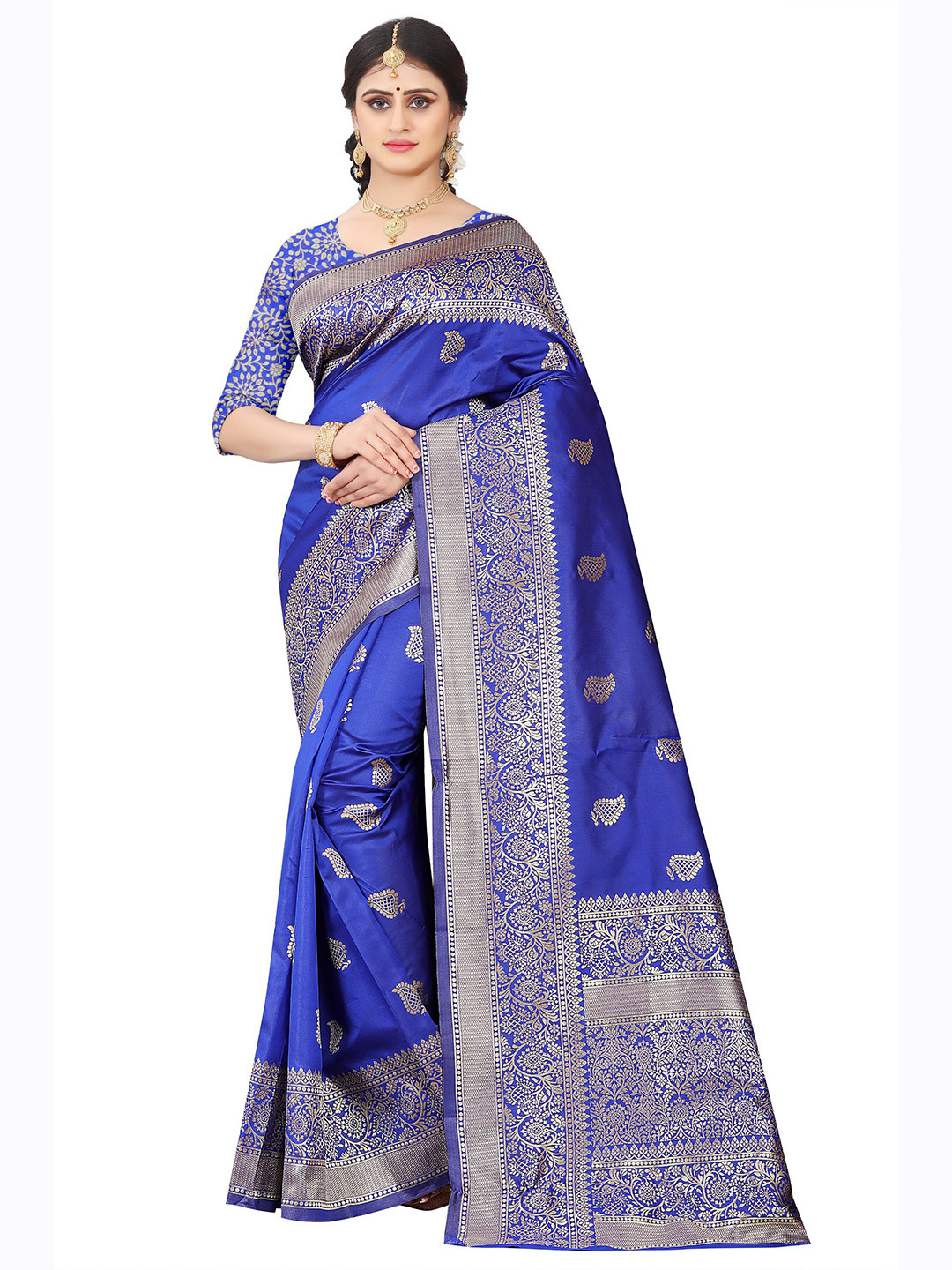 

KALINI Navy Blue & Gold-Toned Woven Design Zari Pure Silk Saree