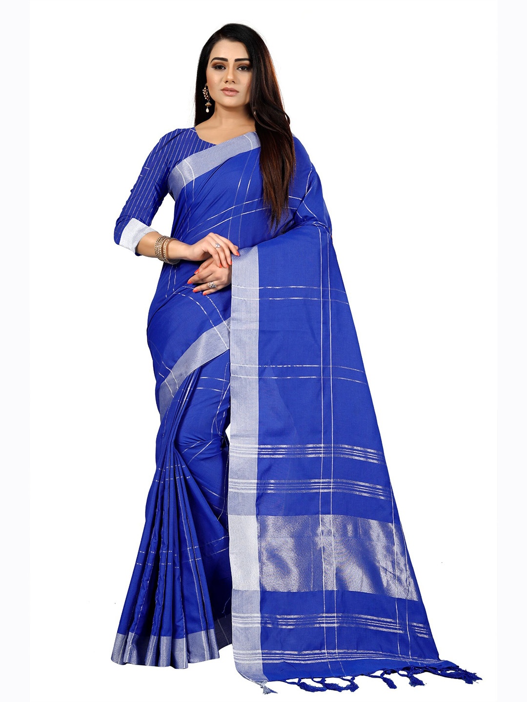 

KALINI Navy Blue & Silver-Toned Woven Design Zari Silk Cotton Saree