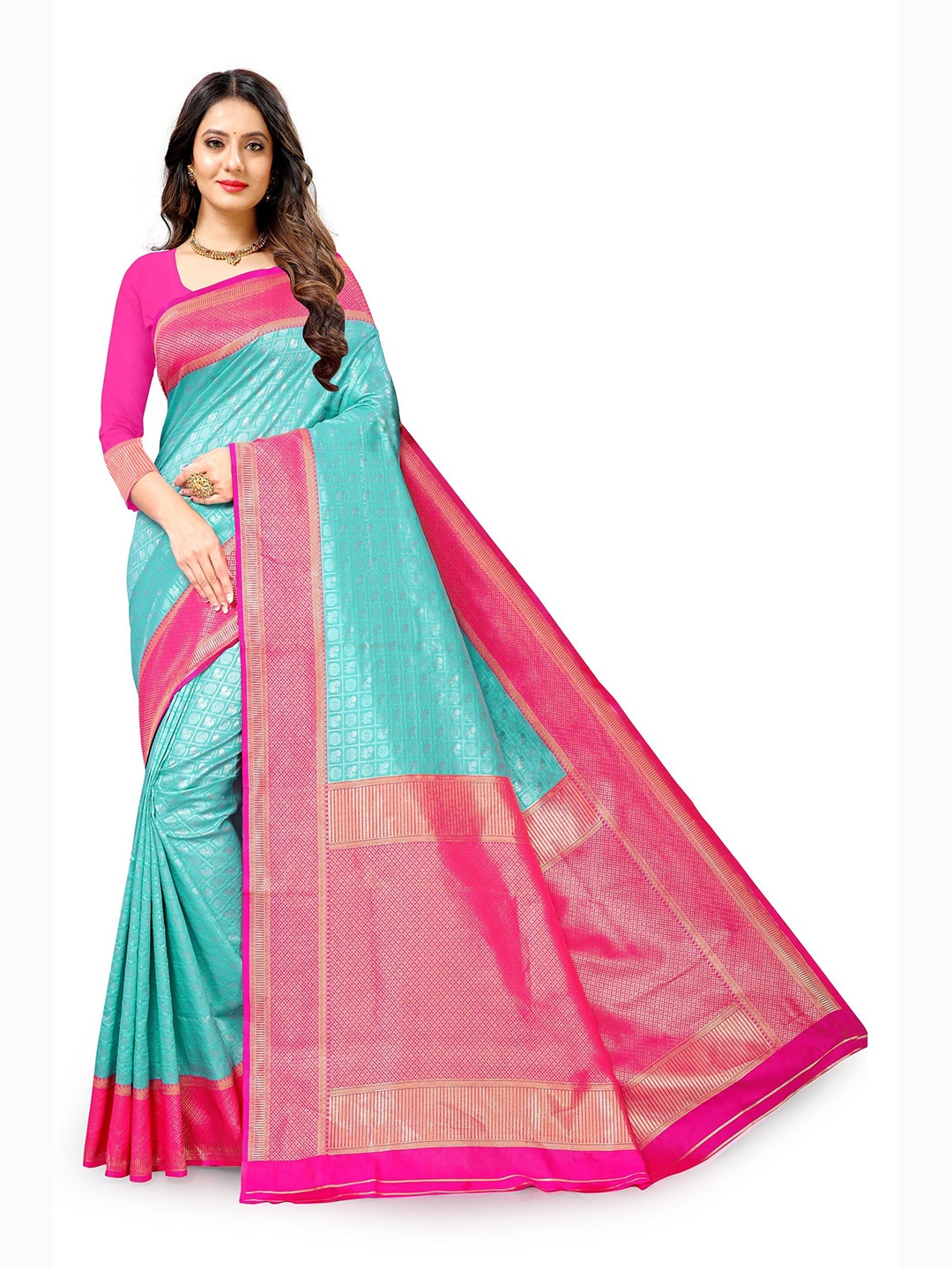 

KALINI Green & Pink Woven Design Zari Silk Cotton Saree