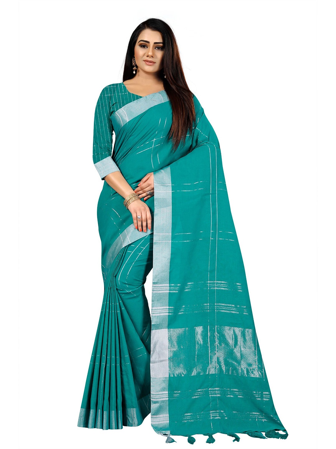 

KALINI Green & Silver-Toned Woven Design Zari Silk Cotton Saree
