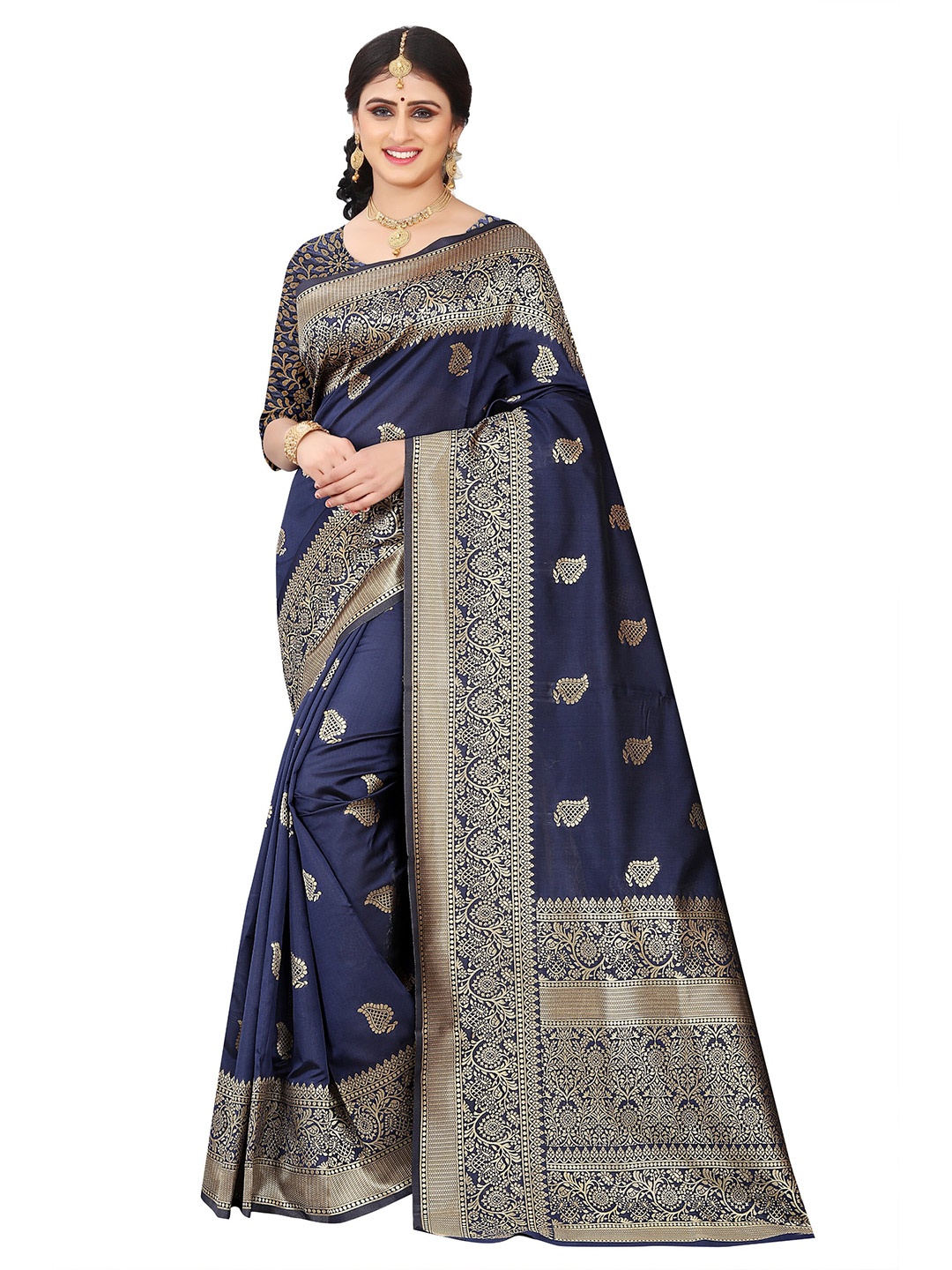 

KALINI Navy Blue & Gold-Toned Woven Design Zari Pure Silk Saree