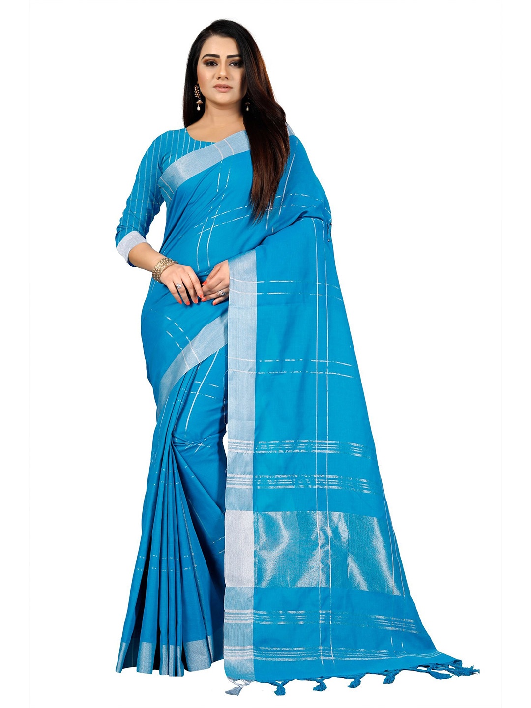 

KALINI Blue & Silver-Toned Woven Design Zari Silk Cotton Saree