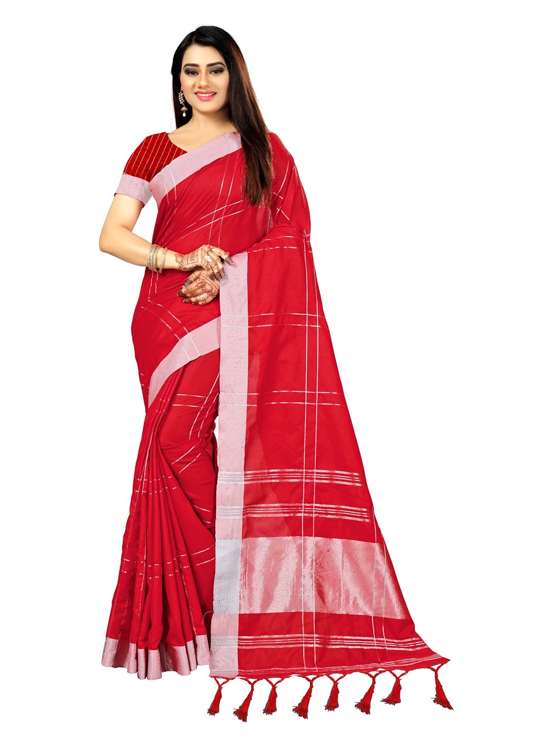

KALINI Red & Silver-Toned Woven Design Zari Silk Cotton Saree
