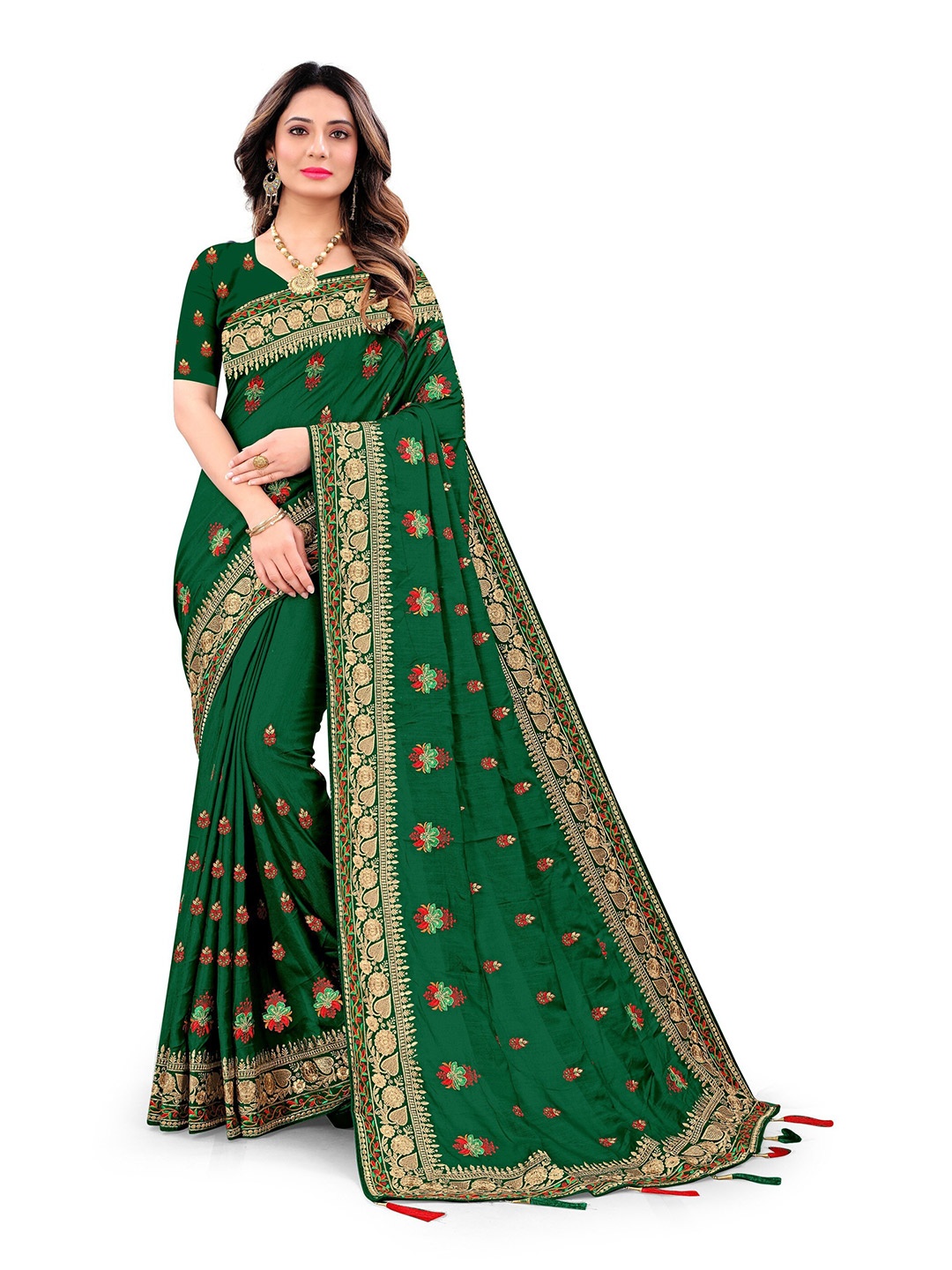 

KALINI Green & Gold-Toned Floral Embroidered Silk Blend Saree