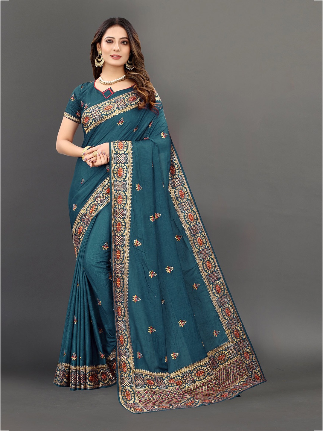 

KALINI Navy Blue & Gold-Toned Floral Embroidered Silk Blend Saree