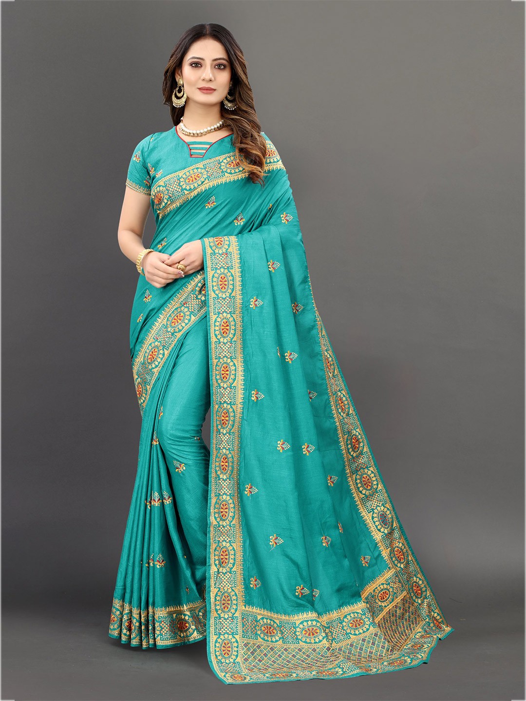 

KALINI Blue & Gold-Toned Floral Embroidered Silk Blend Saree