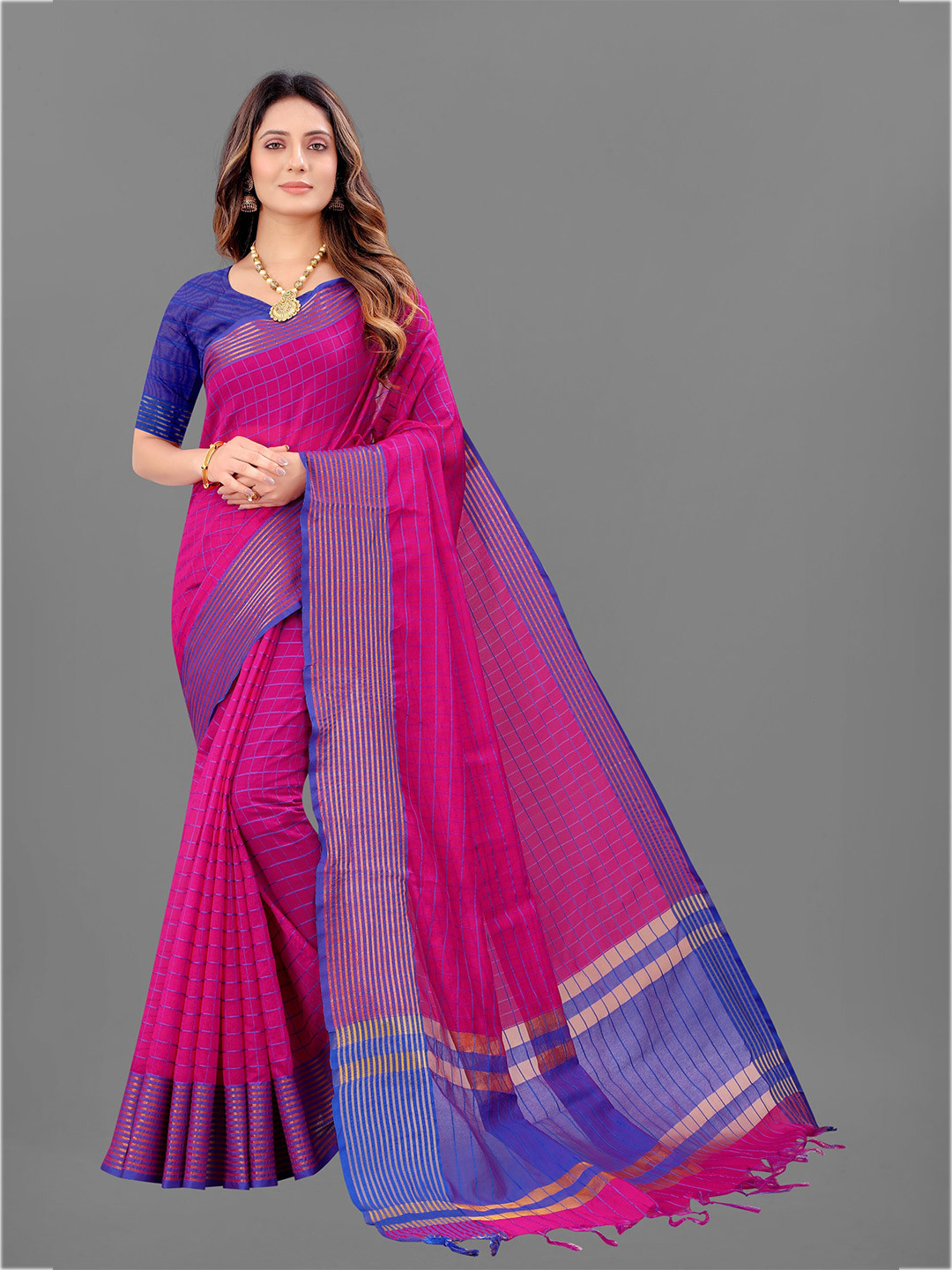 

KALINI Pink & Blue Checked Zari Saree