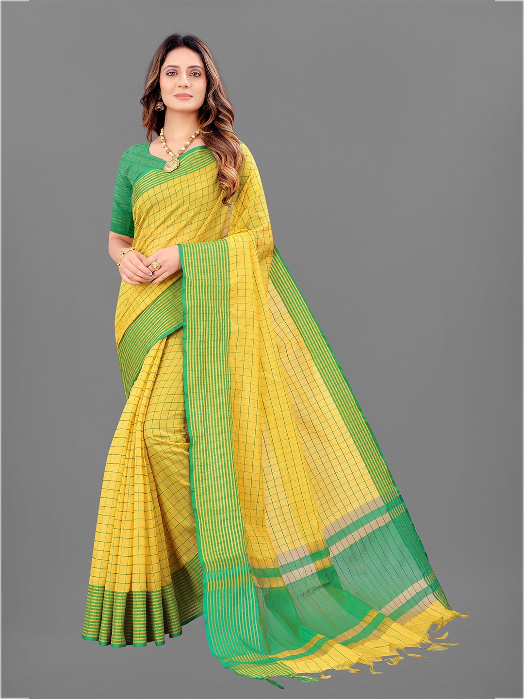 

KALINI Yellow & Green Checked Zari Saree