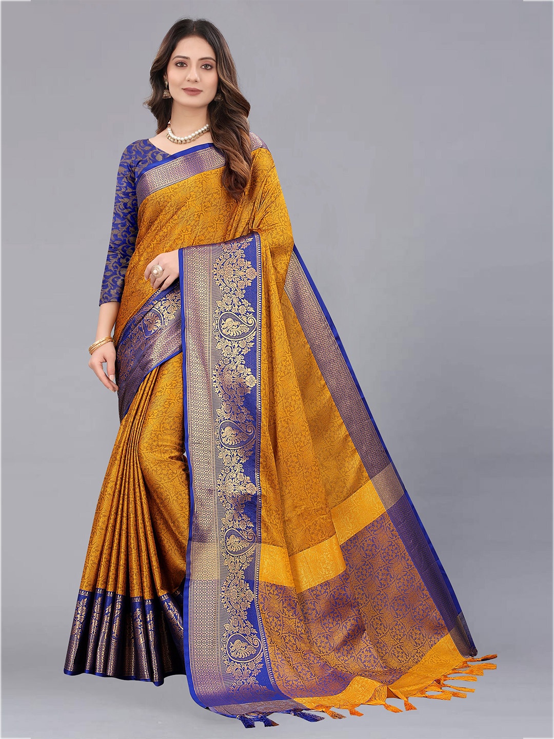 

KALINI Yellow & Blue Woven Design Zari Silk Cotton Saree