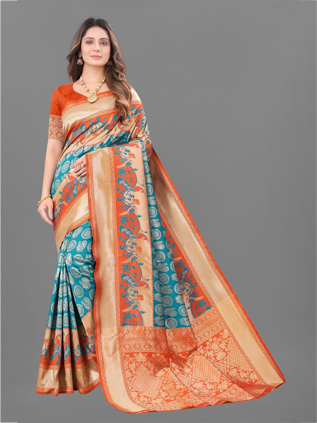

KALINI Orange & Blue Woven Design Zari Silk Cotton Saree