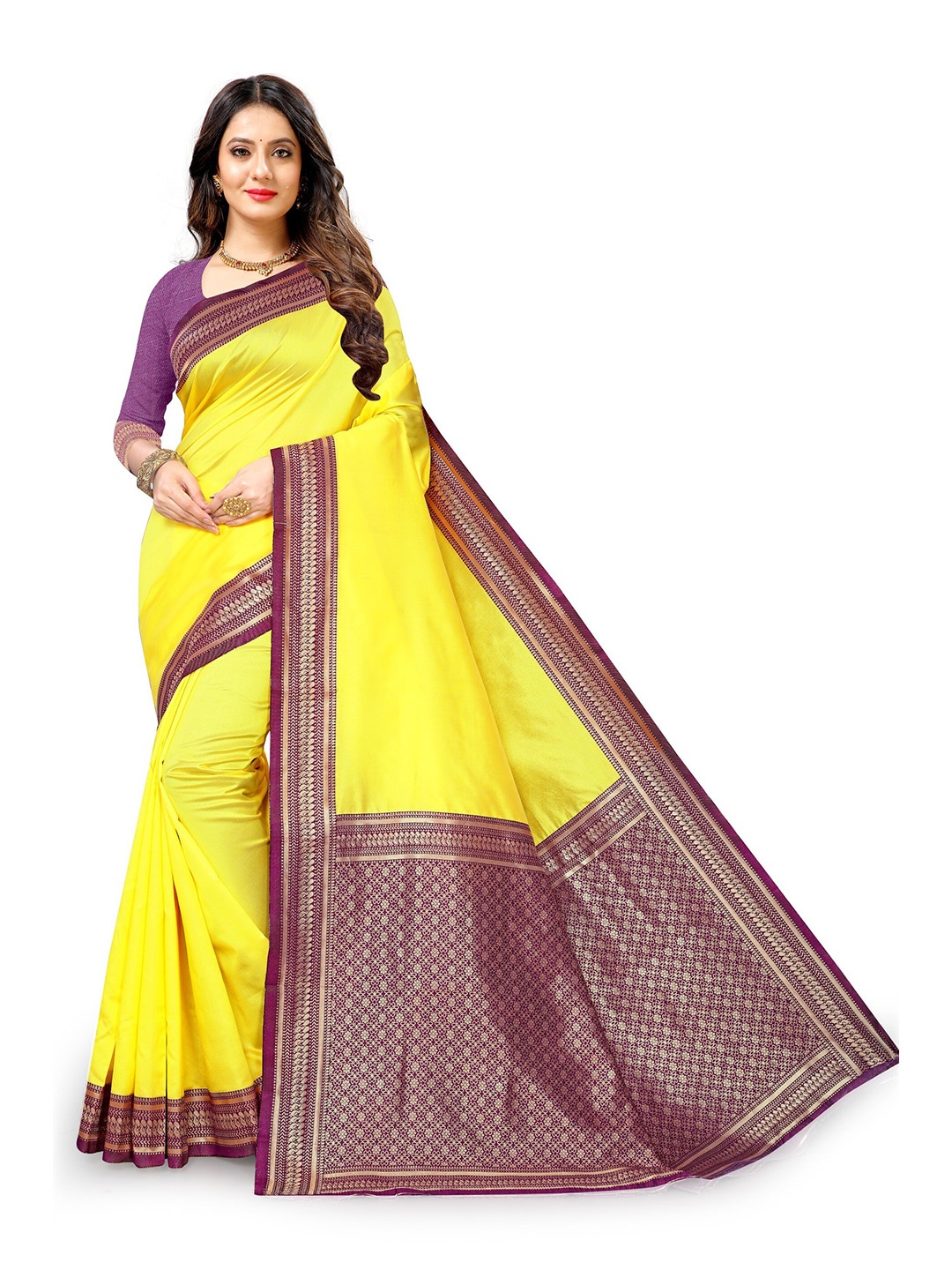 

KALINI Yellow & Purple Zari Silk Cotton Saree