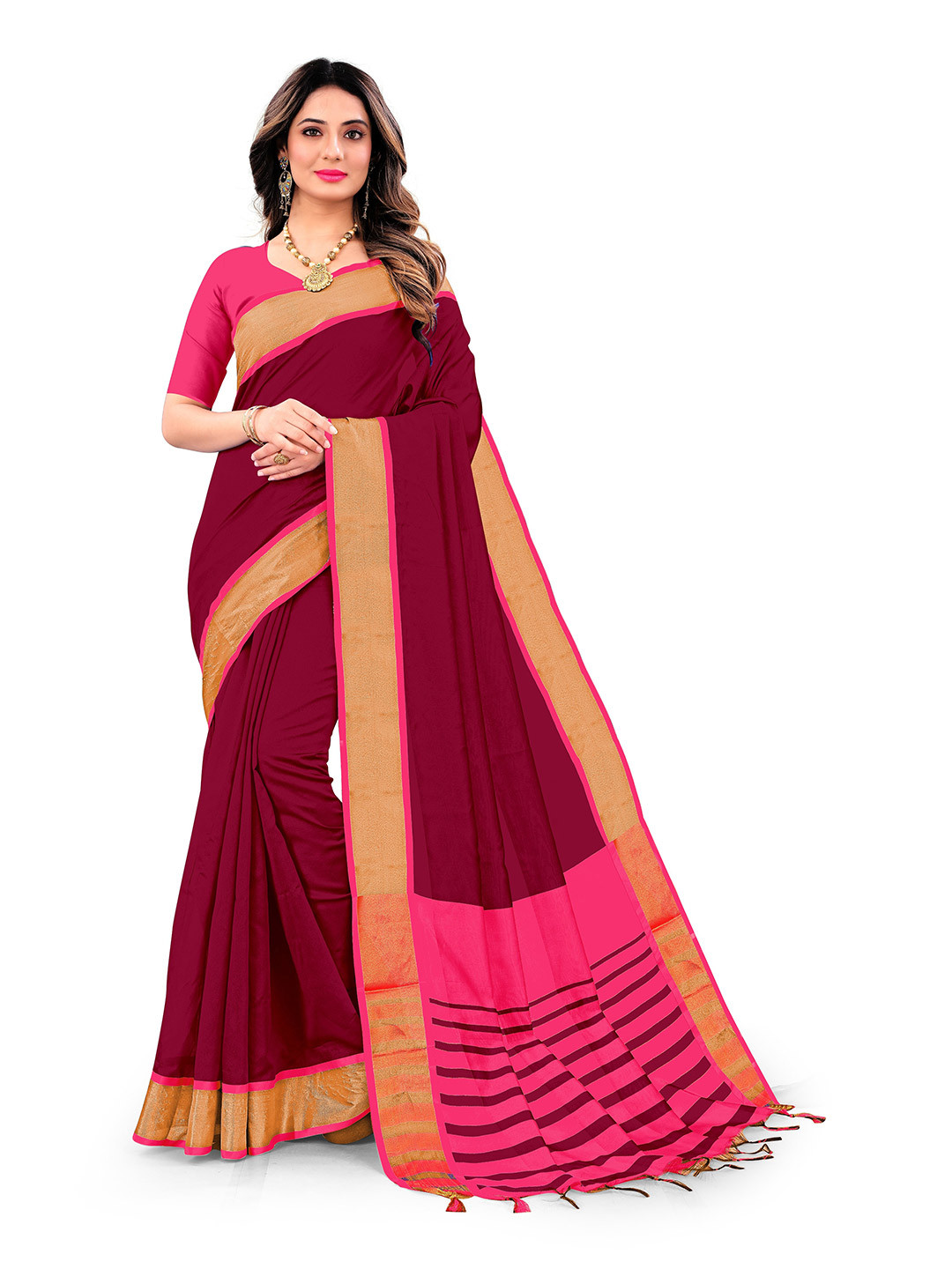 

KALINI Multicoloured & Pink Zari Silk Cotton Saree, Multi