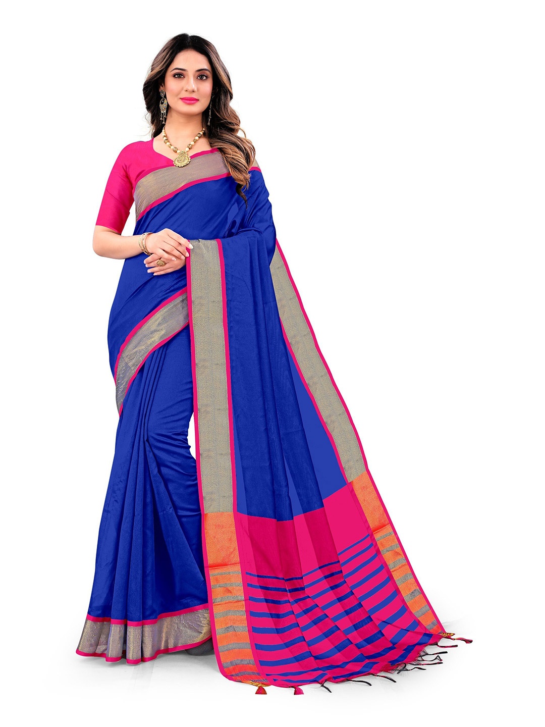 

KALINI Blue & Pink Zari Silk Cotton Saree