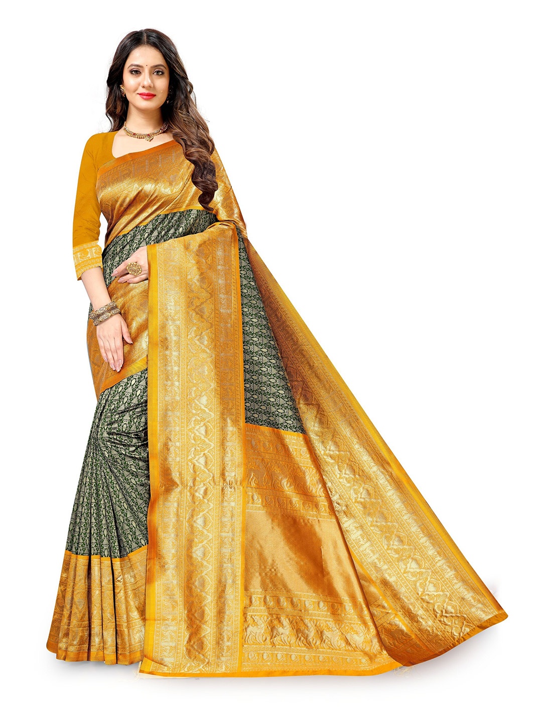 

KALINI Green & Yellow Woven Design Zari Silk Cotton Saree
