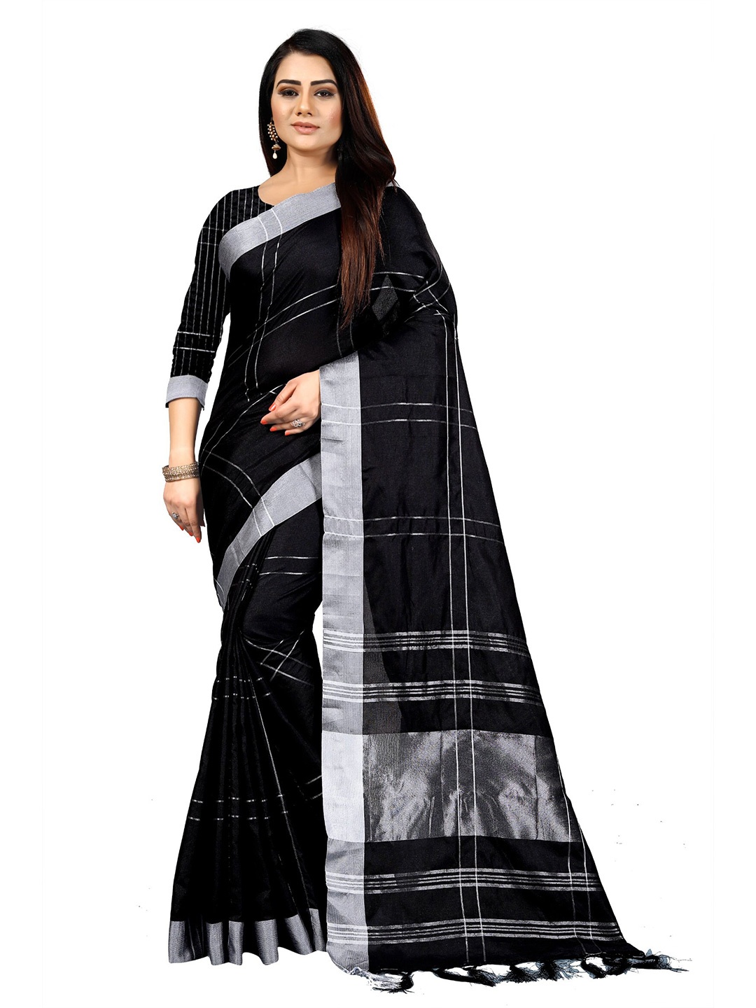 

KALINI Black & Silver-Toned Striped Zari Silk Cotton Saree