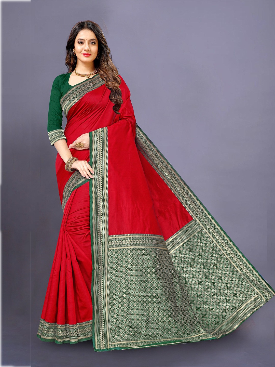 

KALINI Red & Green Zari Silk Cotton Saree