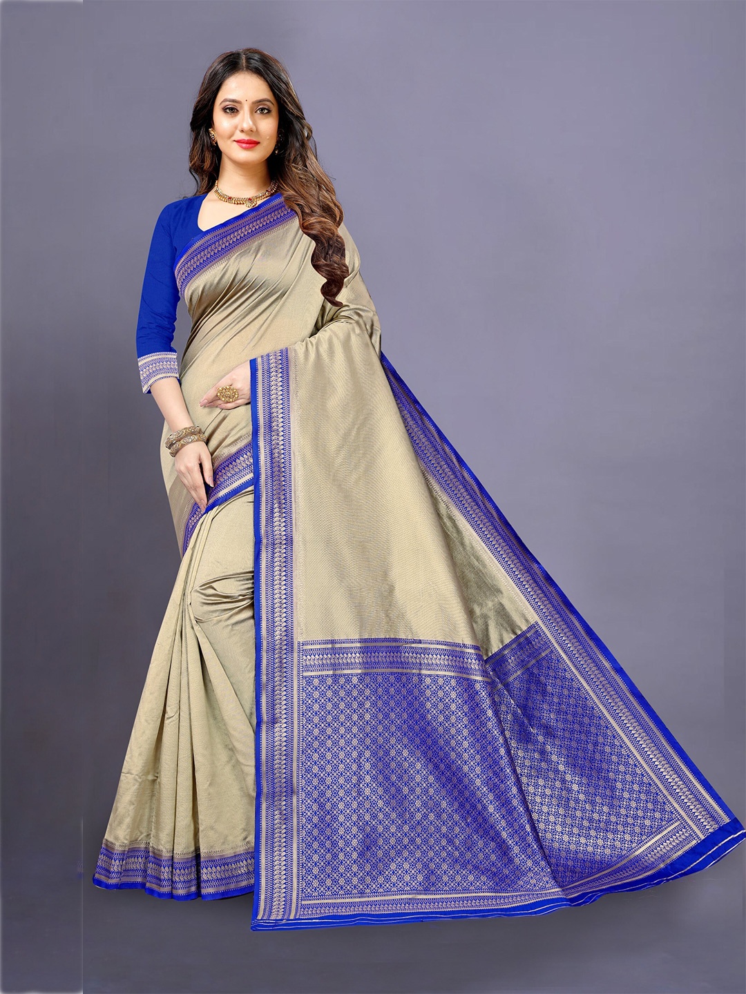 

KALINI Beige & Blue Zari Silk Cotton Saree