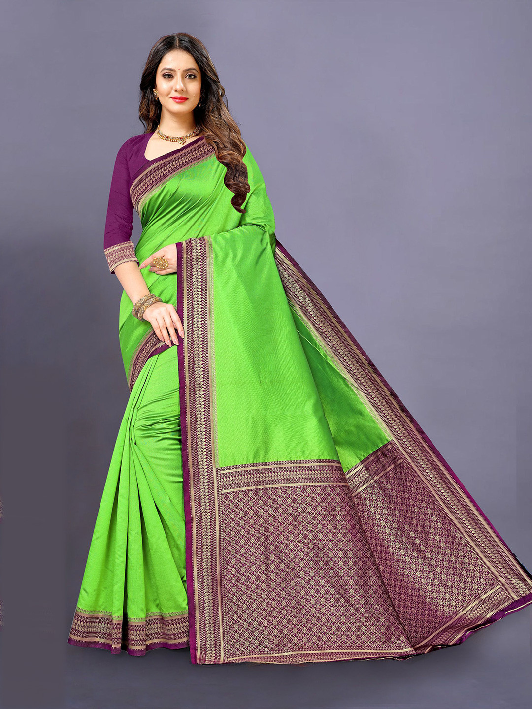 

KALINI Green & Purple Zari Silk Cotton Saree
