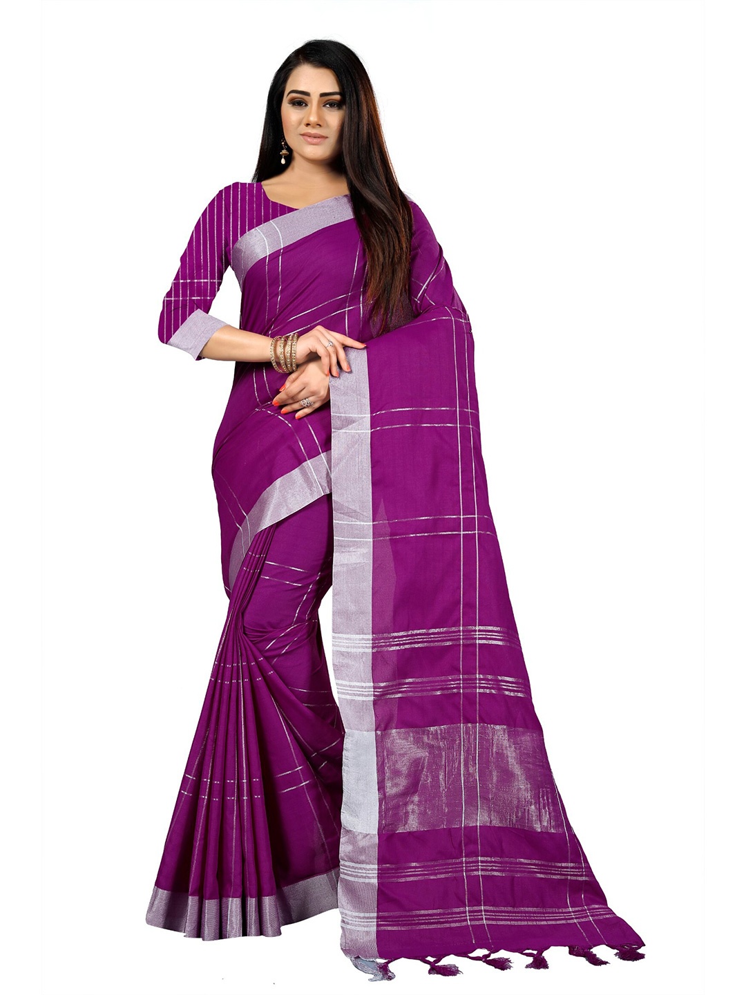 

KALINI Purple & Silver-Toned Striped Zari Silk Cotton Saree