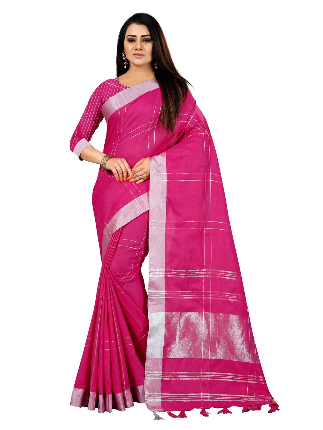 

KALINI Pink & Silver-Toned Striped Zari Silk Cotton Saree