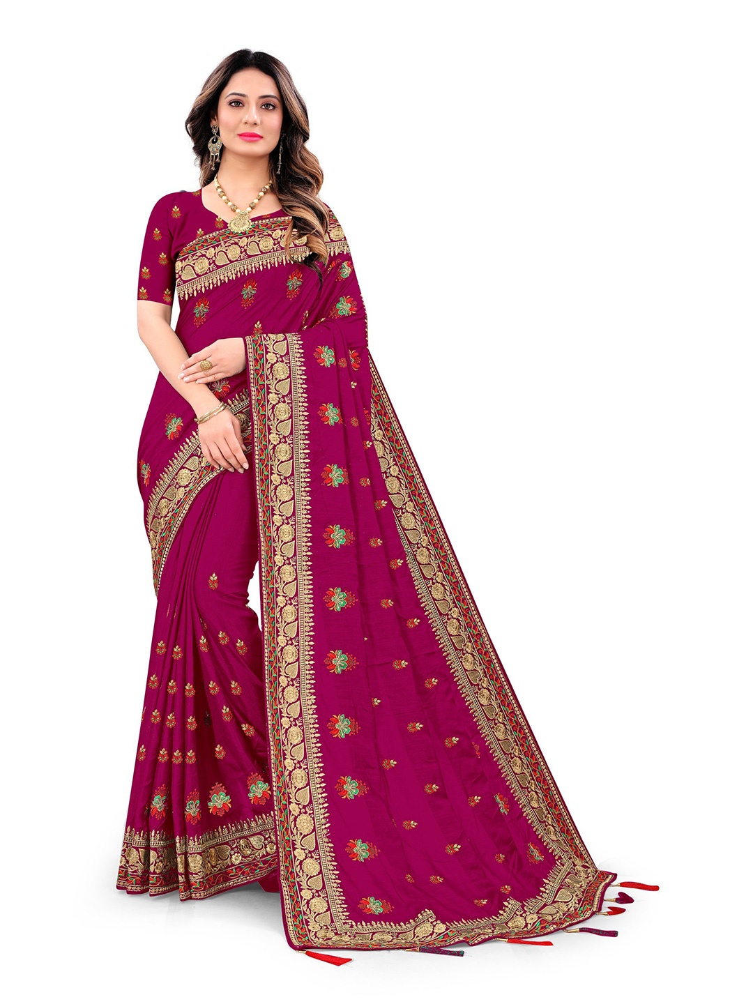 

KALINI Magenta & Gold-Toned Floral Embroidered Silk Blend Saree