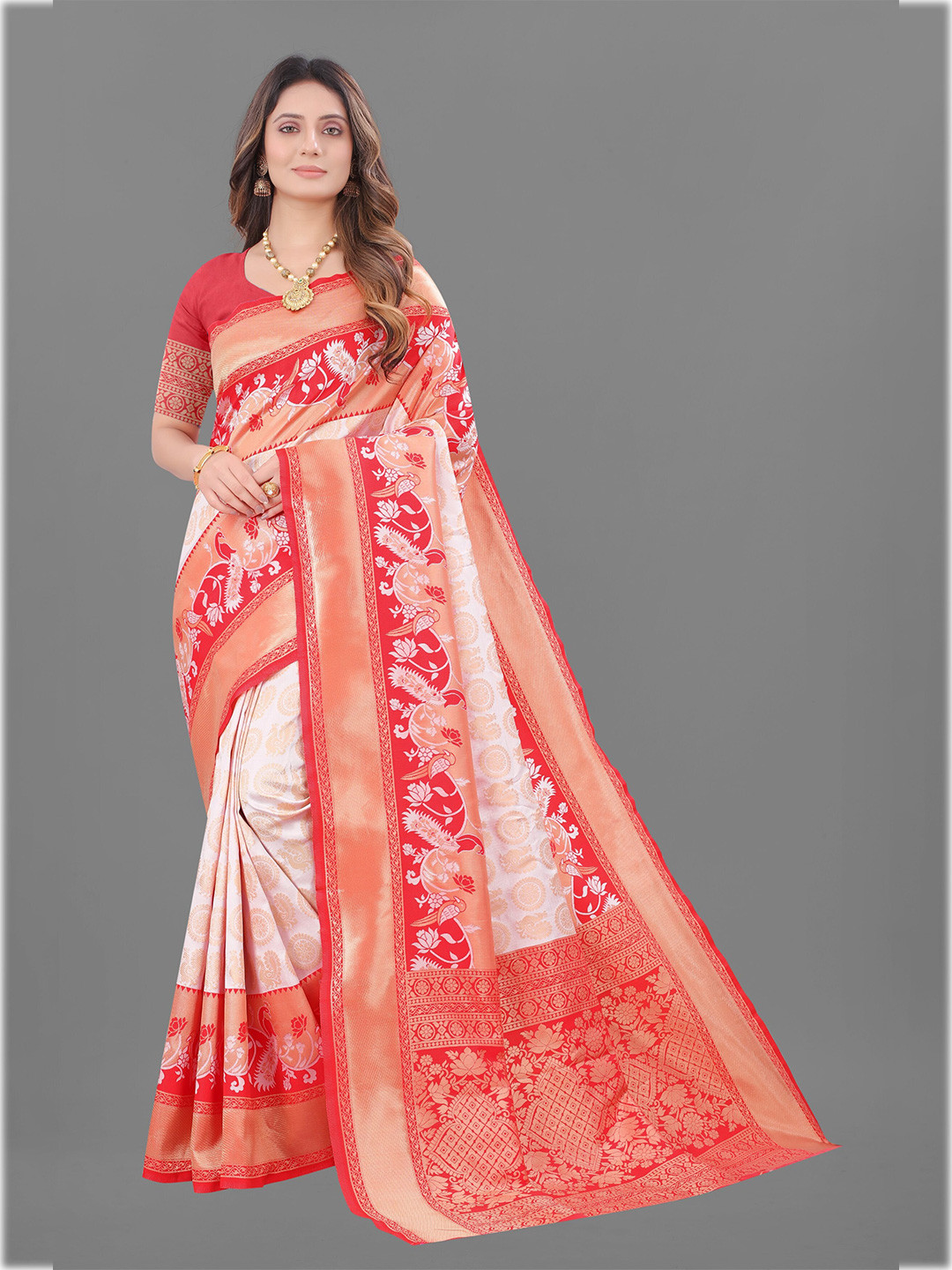 

KALINI Red & Beige Woven Design Zari Silk Cotton Saree